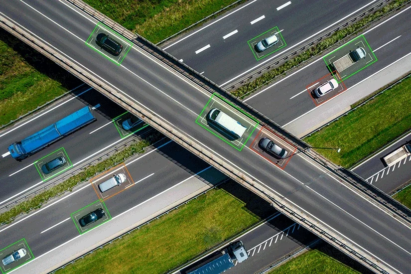 Vehicles on a highway interchange flagged by AI video detection