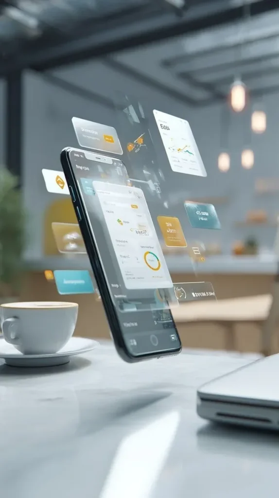 Fleet app on a smartphone with dashboard cards beside a laptop