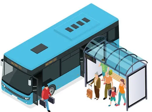 City bus at a shelter with passengers waiting to board