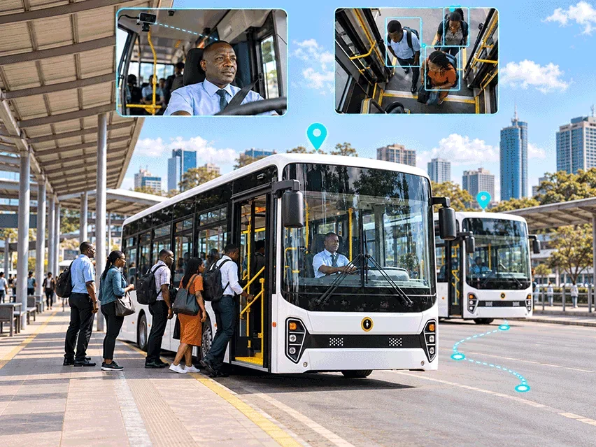 Passengers boarding a city bus at a terminal, with the driver camera, door passenger counting and live bus locations shown