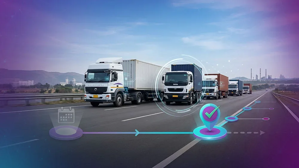 Convoy of container trucks tracked along a highway corridor