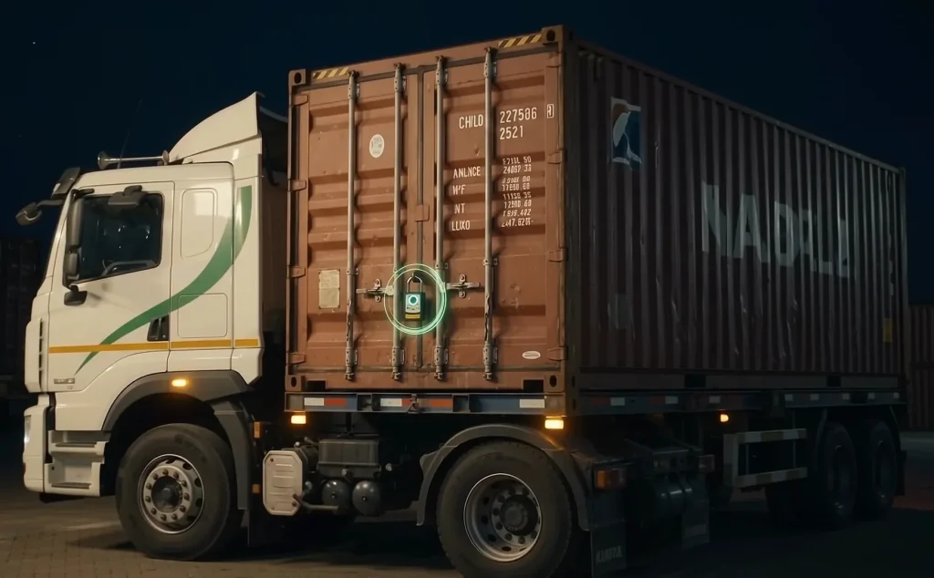 A container truck parked in a yard at night, its doors sealed with a Smartwatch electronic lock