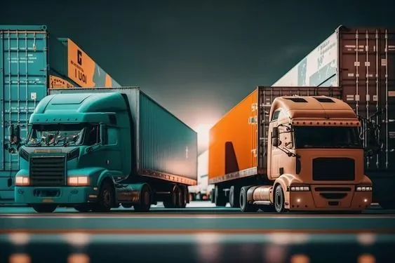 Container trucks and trailers side by side in a freight yard