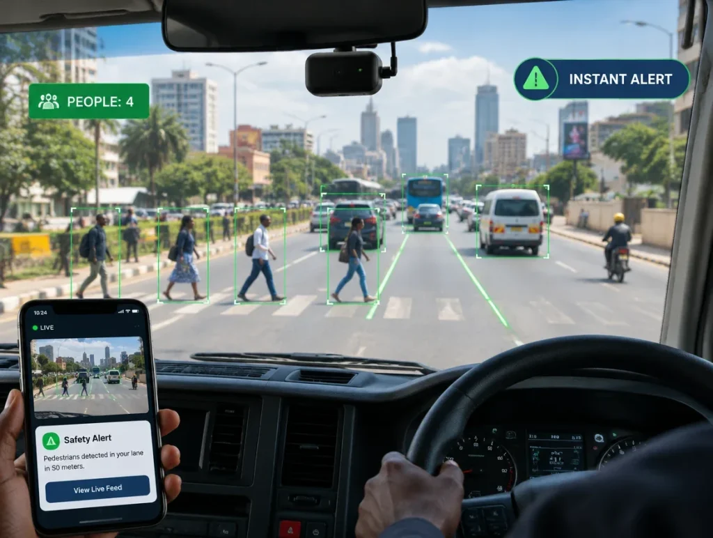 AI dash camera view of a city crossing, counting four pedestrians and raising an instant safety alert on the driver’s phone