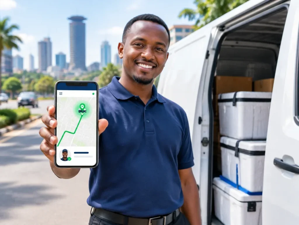 Smiling delivery driver beside his refrigerated van, holding up the OnTrack app showing his verified profile and live route