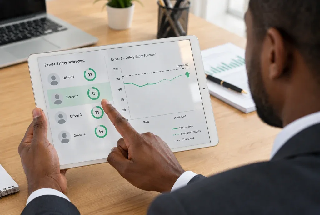 Fleet manager tapping a driver safety scorecard on a tablet, with a forecast of the driver’s score against the threshold