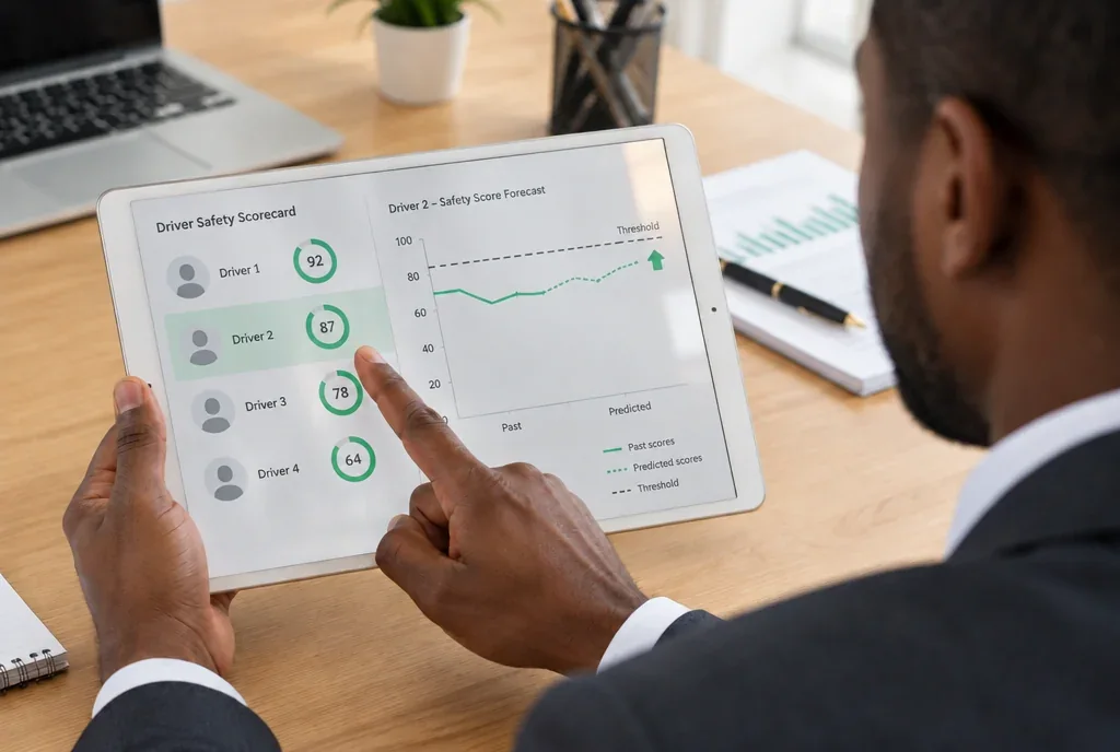 Fleet manager pointing at a driver safety scorecard and a forecast of a driver score rising toward the threshold on a tablet