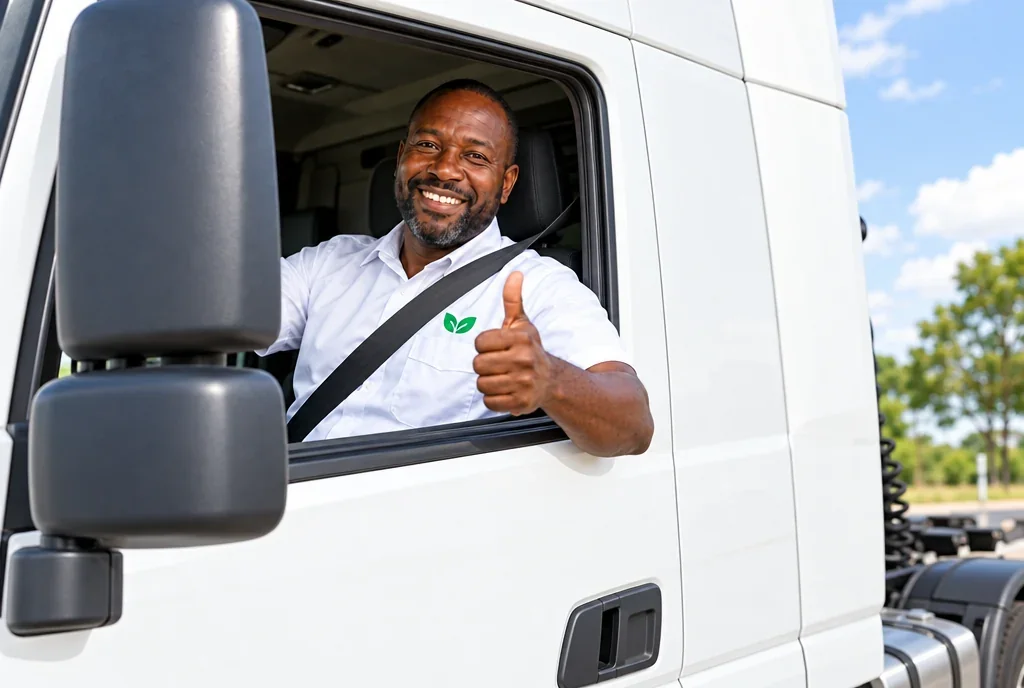 Smiling truck driver in a white Smartwatch shirt giving a thumbs up from the cab window
