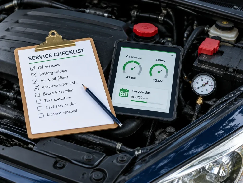 Service checklist and a tablet showing oil pressure, battery voltage and next service due, resting on an open engine bay
