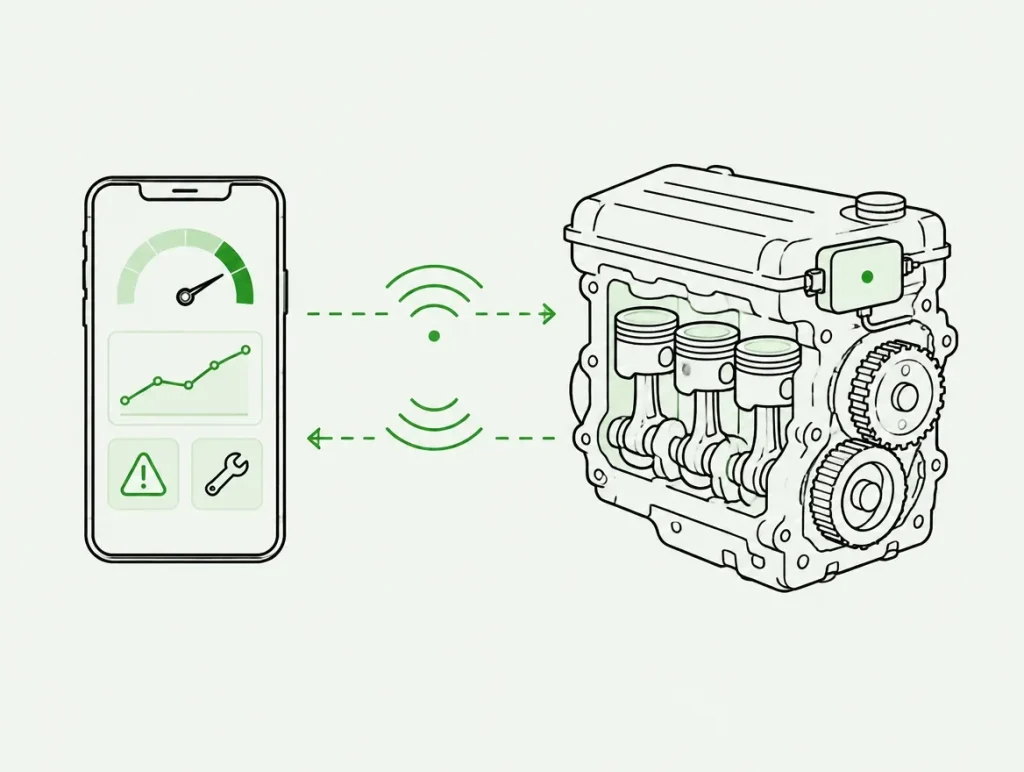 Line drawing of a phone showing engine health, alerts and a service wrench, linked wirelessly to a sensor on a truck engine
