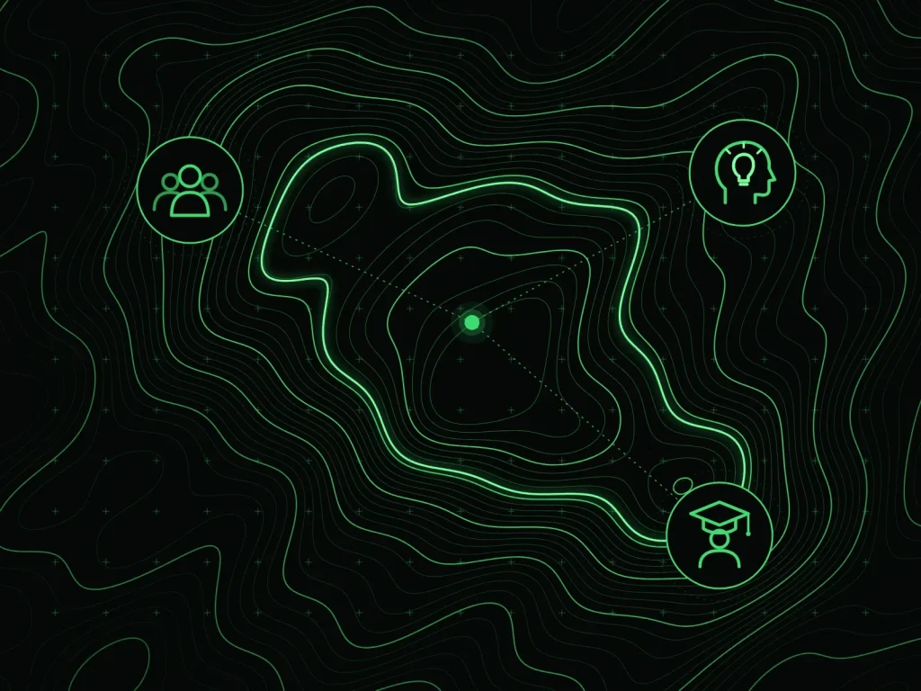 Glowing green contour map linking a community of experts, new ideas and training around one central point