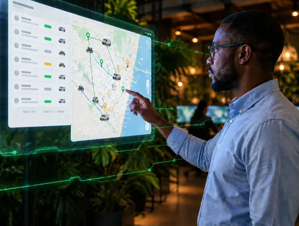 Dispatcher pointing at a live map of vans and motorbikes on routes, beside a list of field units and their status