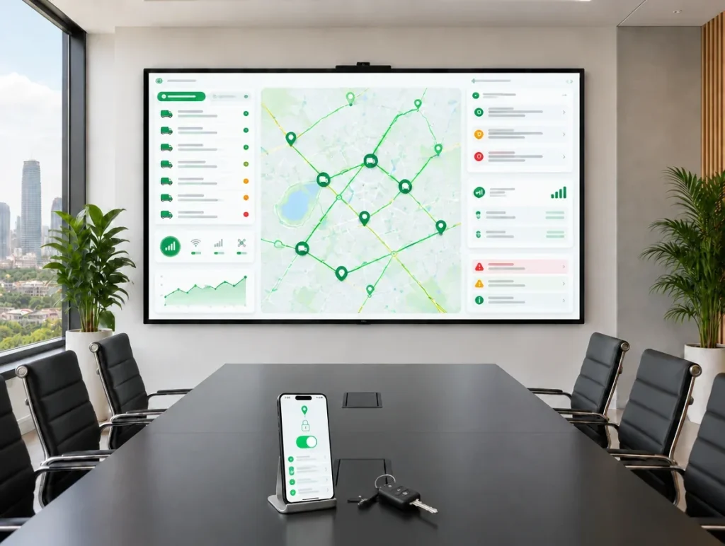 Boardroom screen showing a live fleet map, vehicle list and alerts, with a phone on the table showing a remote vehicle lock