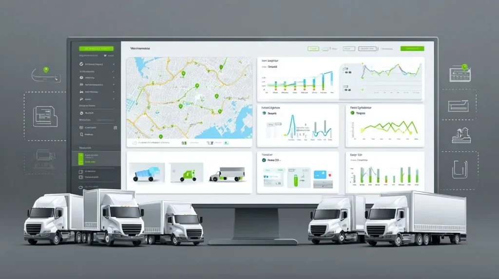 Fleet management dashboard on a wall screen above a line of trucks