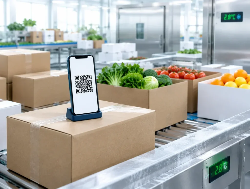 Packed produce boxes on a cold-room conveyor at 2.8 °C, with a phone showing a QR code for tracking the shipment