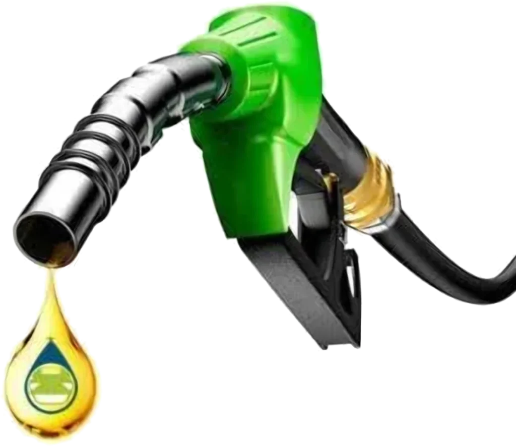 Green fuel pump nozzle releasing a single drop of diesel