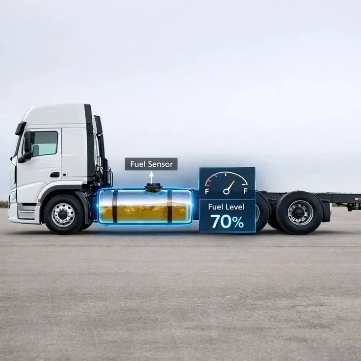Truck chassis with a fuel sensor reading a 70% fuel level