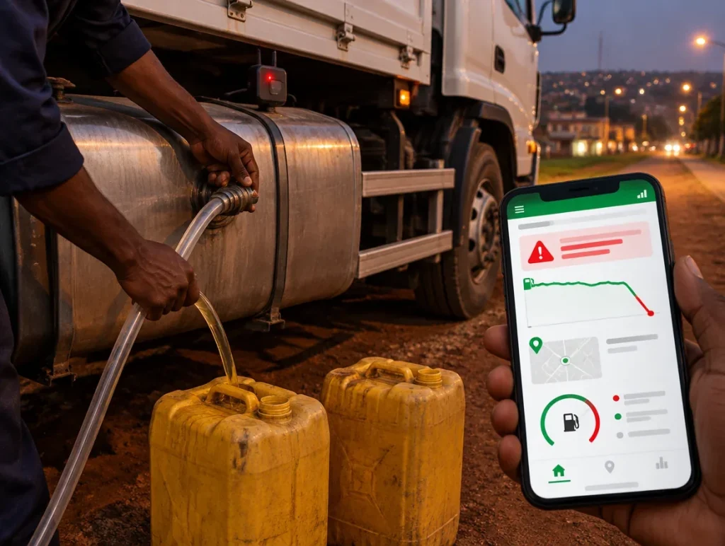 Fuel being siphoned from a truck’s tank into jerrycans at dusk, while the tank sensor flashes red and a phone shows a sudden fuel-level drop and a theft alert