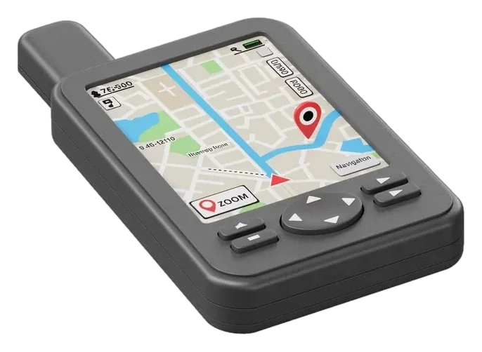 Handheld GPS navigation unit showing a street map