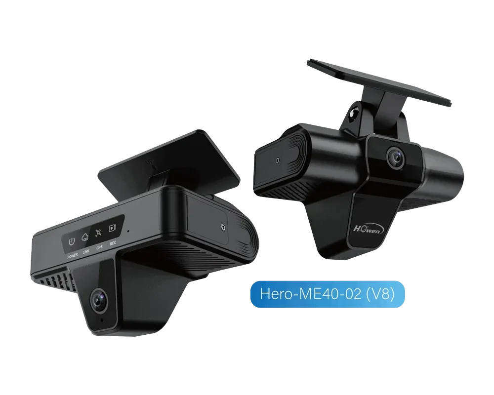 Dual-lens AI dash cams, one facing the road and one facing the driver, on windscreen mounts