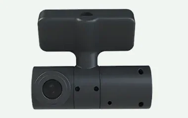 Dashboard camera with a road-facing lens on a windscreen mount