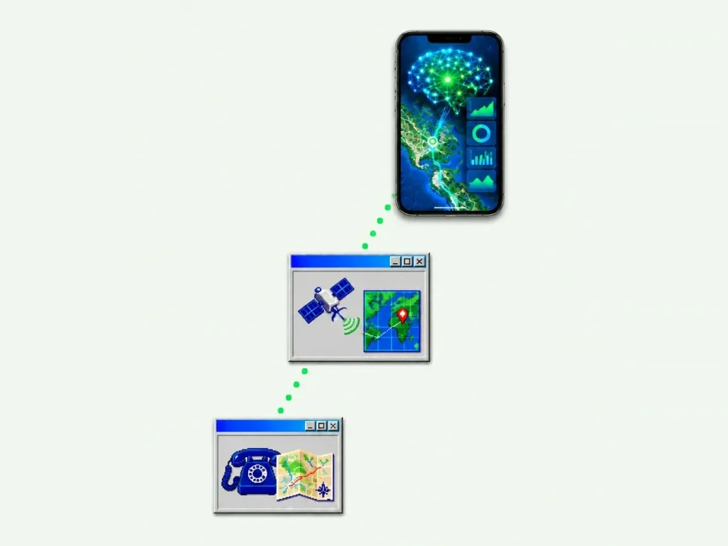 Fleet tracking through the years: a rotary phone and paper map, then satellite GPS over a map of Africa on a desktop window, then an AI dashboard with a live map on a smartphone