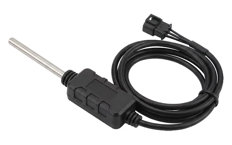 Stainless-steel temperature probe on a rugged black sensor housing with a coiled cable