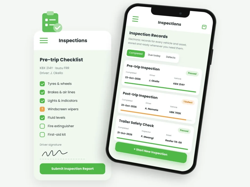 OnTrack app showing a pre-trip checklist with driver signature and a list of completed vehicle inspection records