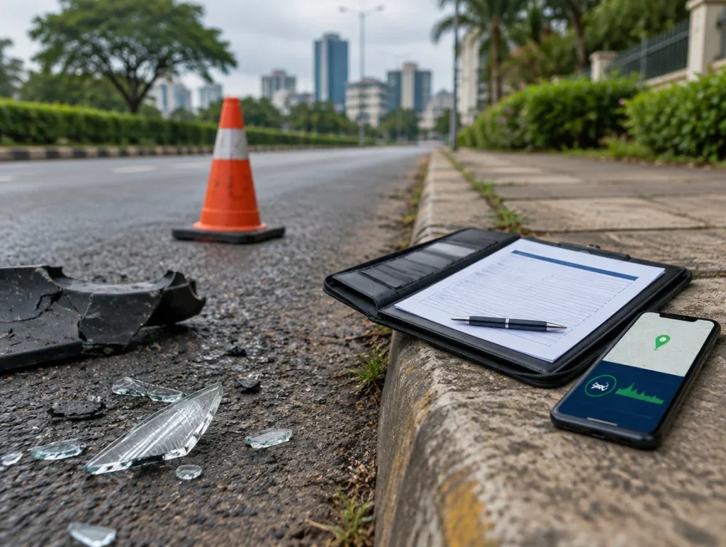 Roadside accident scene with broken glass and a traffic cone, a claim form on a clipboard and a phone showing the vehicle’s tracked location and crash alert