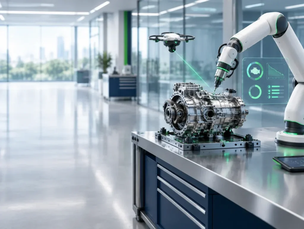 Robotic arm and a drone inspecting a gearbox on a workbench, with engine health readouts on a holographic panel