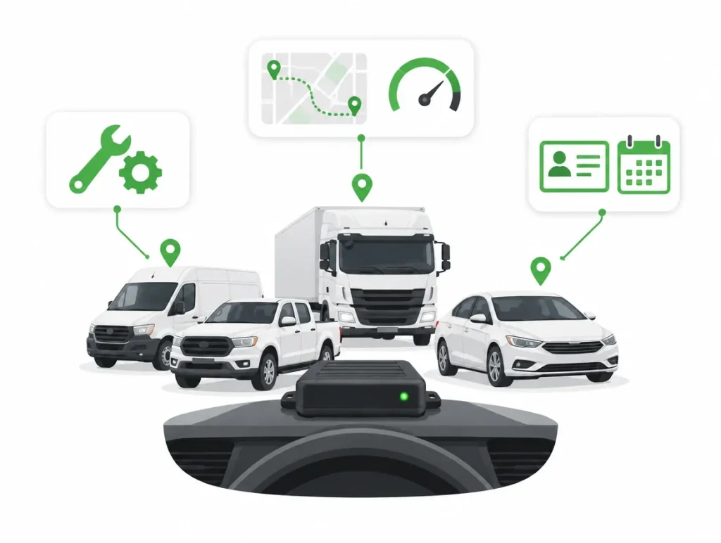 Onboard computer on a dashboard linked to a mixed fleet of van, pickup, truck and car, with route, speed, service and licence-renewal reminders