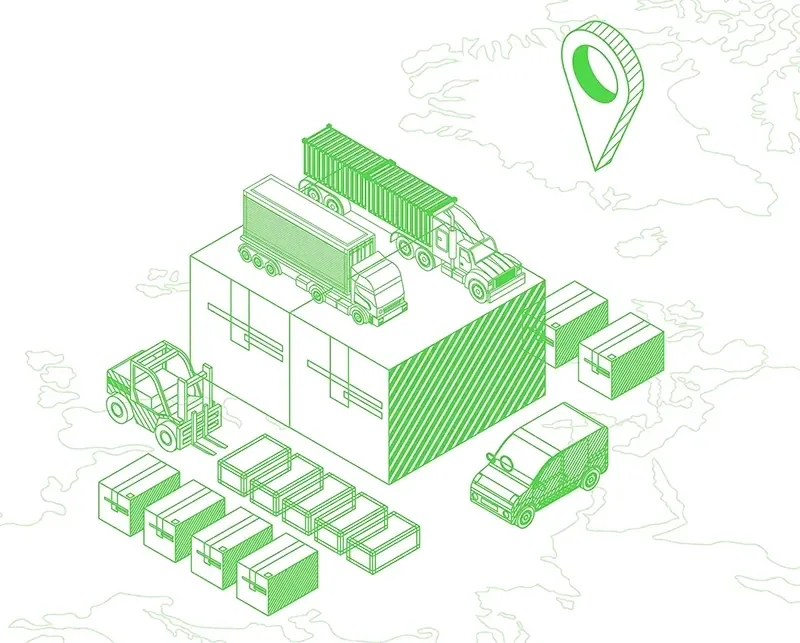 Green line illustration of trucks, a forklift, a van and cargo crates on a map with a location pin