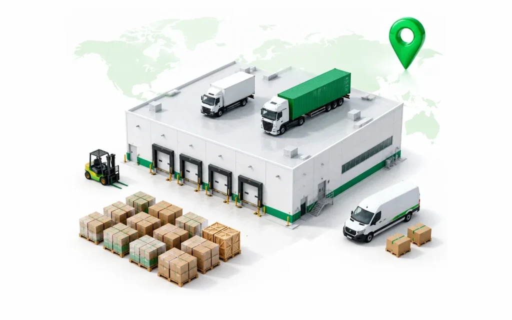 Warehouse with trucks on the roof, a forklift, a van and pallets of cargo on a world map with a green location pin