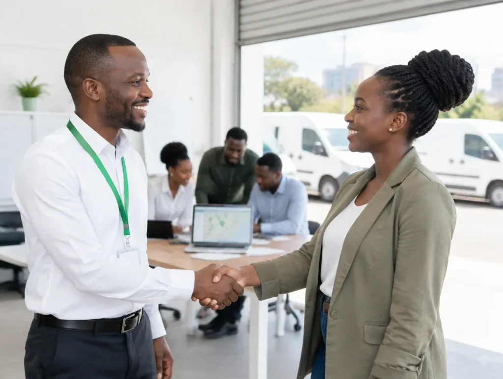 A Smartwatch team member shaking hands with a new partner in an office, with a fleet of vans parked outside