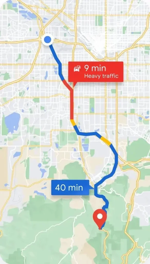 Route on a map with live traffic and arrival times