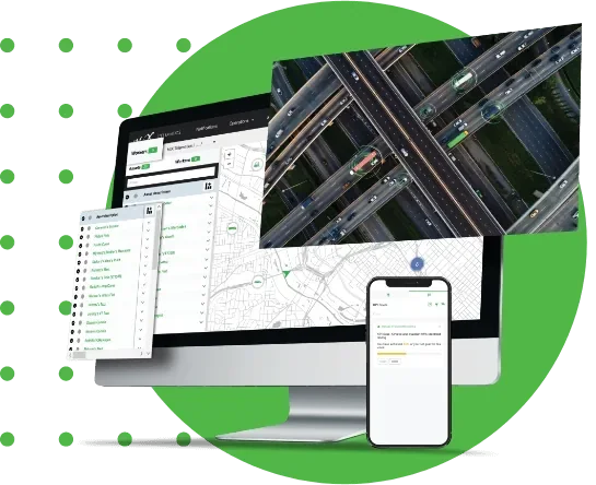 SmartwatchFM live map on a desktop with trip list and driver alert on a phone