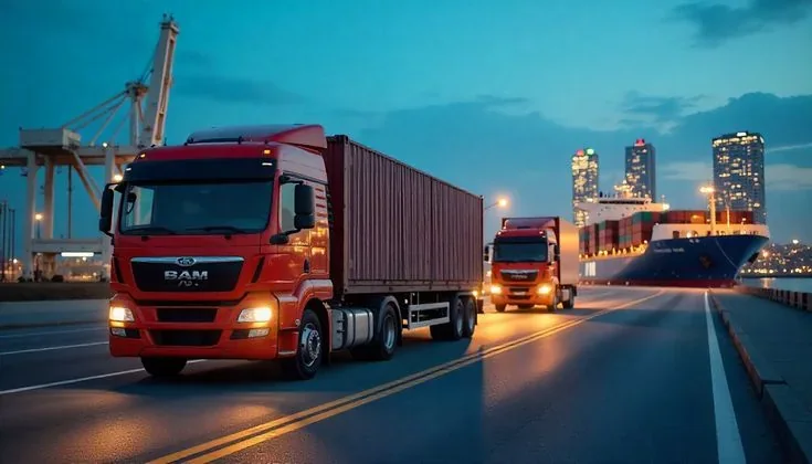 Container trucks leaving a port terminal at dusk