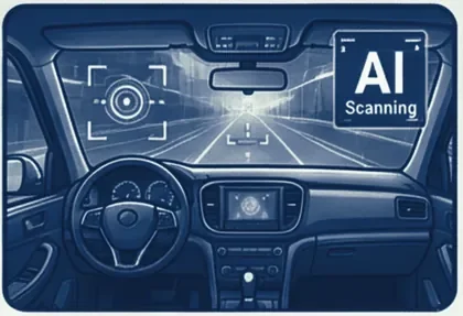 The view from the driver seat with AI scanning of the road ahead