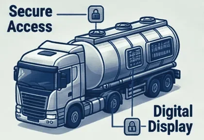 A fuel tanker with secure access points and a digital display
