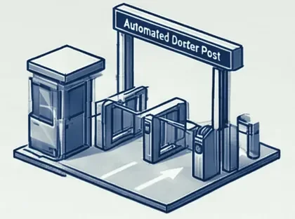 An automated border gate post with a guard booth and access barriers