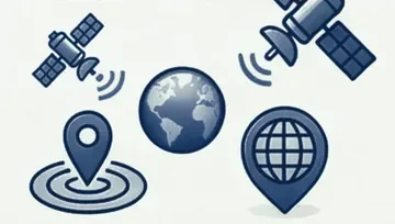 Satellites, a globe and location pins