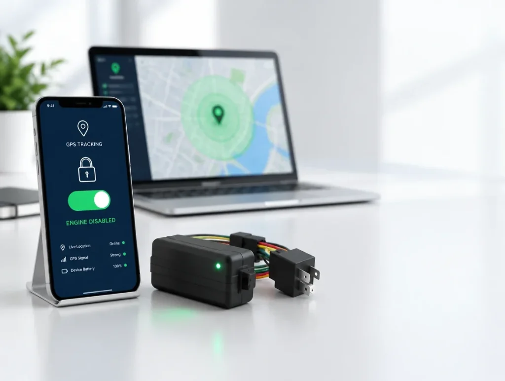 Phone showing the engine disabled from GPS tracking, beside a tracker and relay, with a laptop map of the vehicle