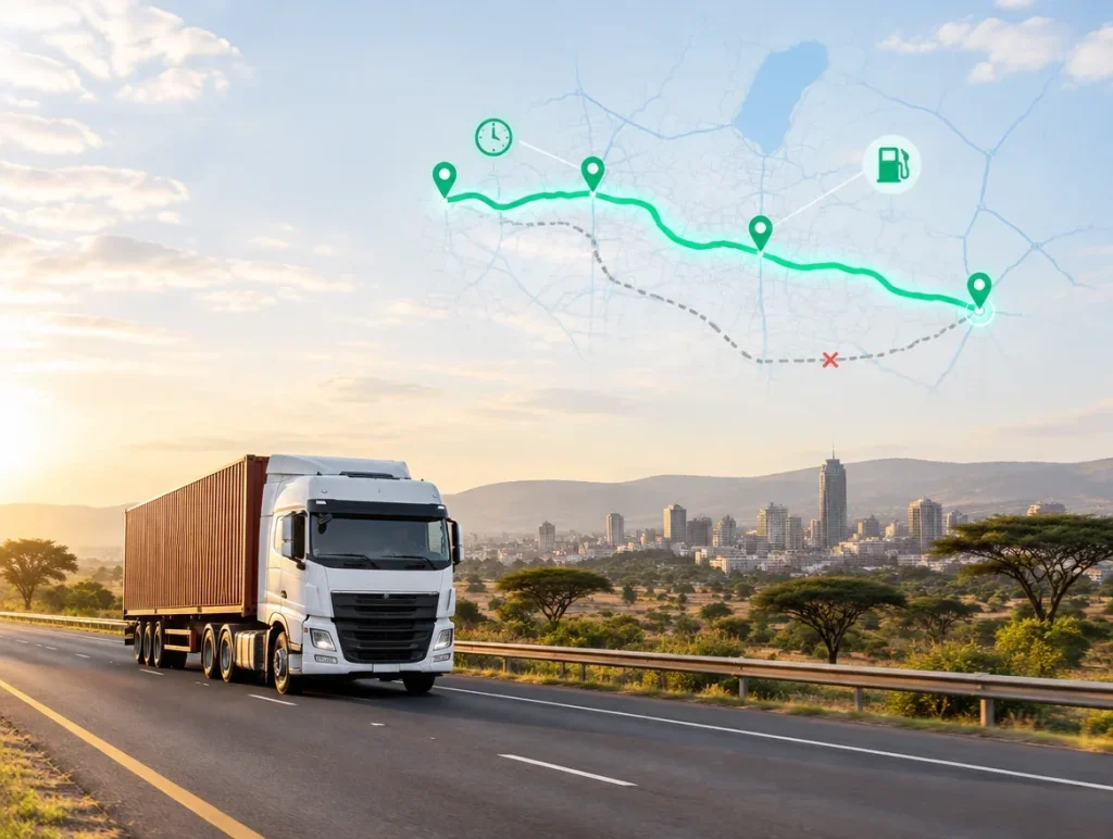 Container truck on a highway outside the city, with an optimised green route, stops and a fuel point traced in the sky above