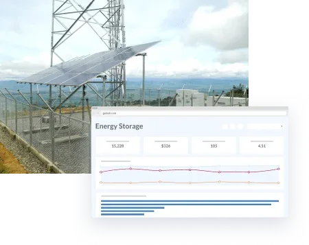 Energy Storage dashboard over a fenced solar installation