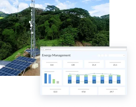 Energy Management dashboard over a solar array beside a telecom mast