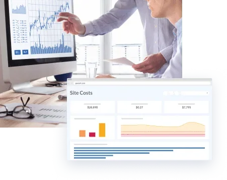 Site Costs dashboard beside an analyst reviewing charts