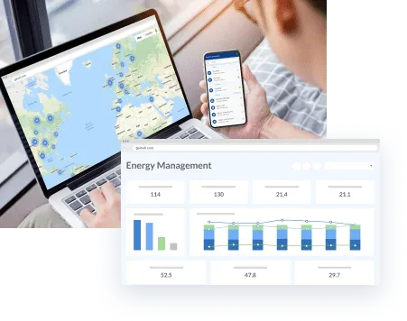 Energy Management dashboard beside a laptop and phone showing the live site map
