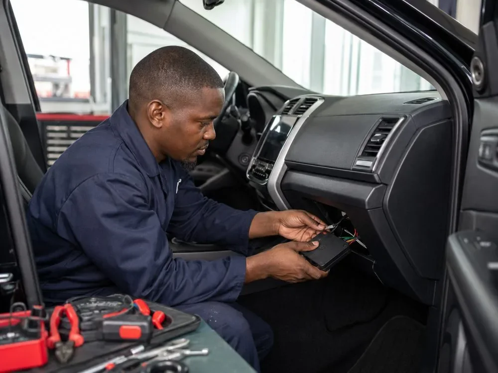 Technician wiring a device under the dashboard of a vehicle