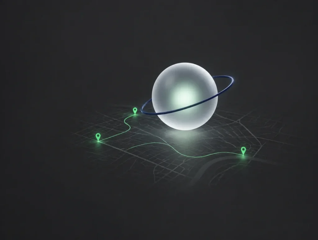 Glowing sphere ringed by an orbit over a dark city map, with green location pins joined by a route