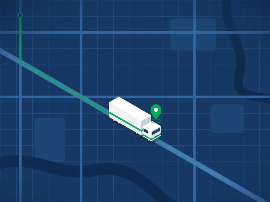 Illustrated truck following a green tracked route across a city map, with a live location pin above the cab